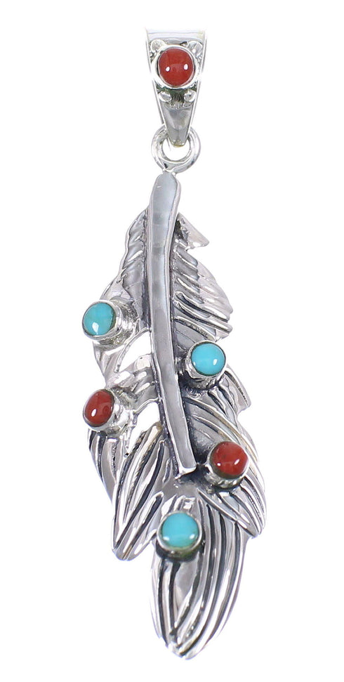 Sterling Silver Turquoise Coral Feather Southwestern Pendant QX70362