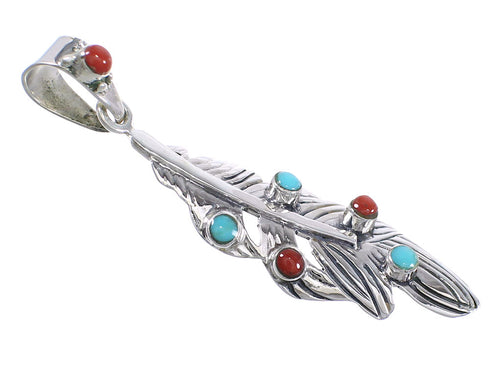 Sterling Silver Turquoise Coral Feather Southwestern Pendant QX70362