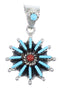 Genuine Sterling Silver Turquoise And Coral Needlepoint Southwest Pendant YX67752