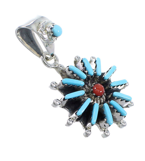 Genuine Sterling Silver Turquoise And Coral Needlepoint Southwest Pendant YX67752