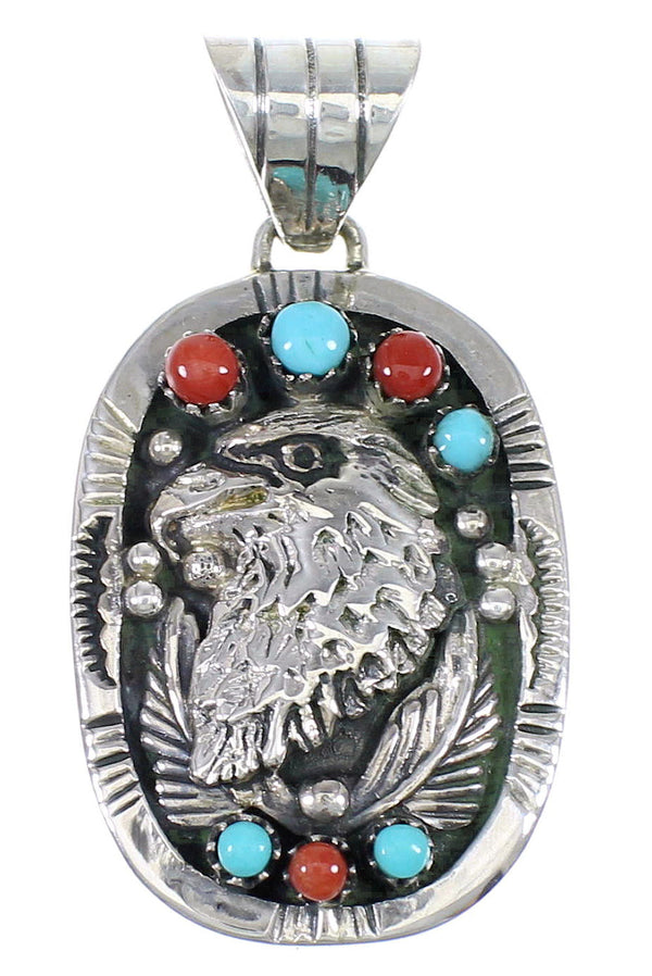 Sterling Silver Turquoise And Coral Eagle Southwestern Slide Pendant YX67764
