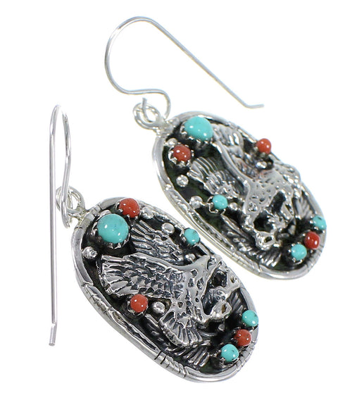 Sterling Silver Turquoise And Coral Southwest Eagle Hook Dangle Earrings YX68063