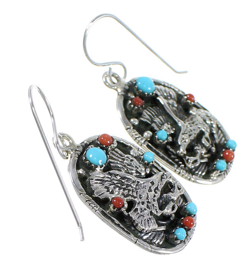 Genuine Sterling Silver Turquoise And Coral Southwest Eagle Hook Dangle Earrings YX68065
