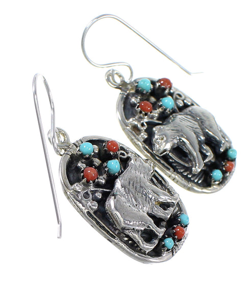 Sterling Silver Turquoise And Coral Southwest Bear Hook Dangle Earrings YX68070