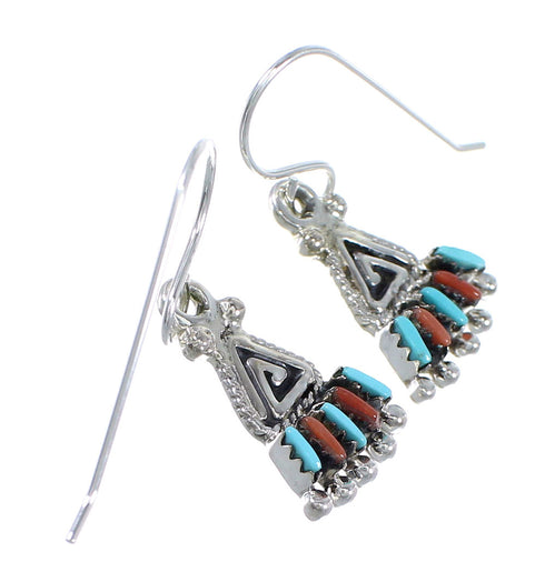 Sterling Silver Turquoise And Coral Southwest Water Wave Needlepoint Hook Dangle Earrings YX68078