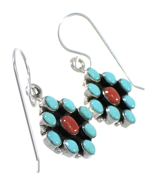 Sterling Silver Turquoise And Coral Southwestern Hook Dangle Earrings YX68113