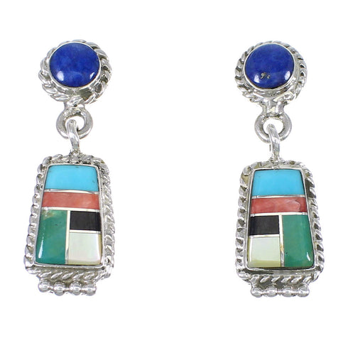 Southwestern Authentic Sterling Silver Multicolor Inlay Post Dangle Earrings QX71986