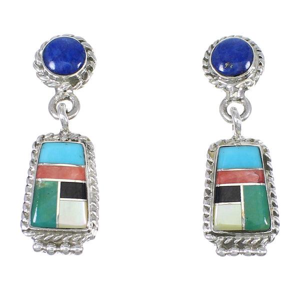Southwestern Authentic Sterling Silver Multicolor Inlay Post Dangle Earrings QX71986