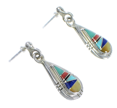 Authentic Sterling Silver Southwest Multicolor Inlay Tear Drop Post Dangle Earrings QX72131