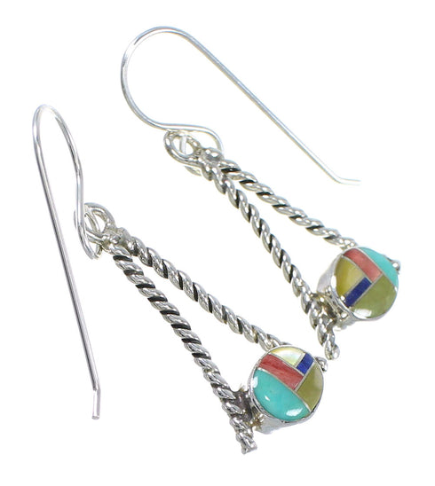 Multicolor Inlay Sterling Silver Southwestern Hook Dangle Earrings QX72180