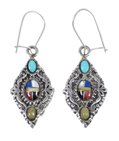 Reversible Multicolor Inlay Sterling Silver Southwest Hook Dangle Earrings QX72182
