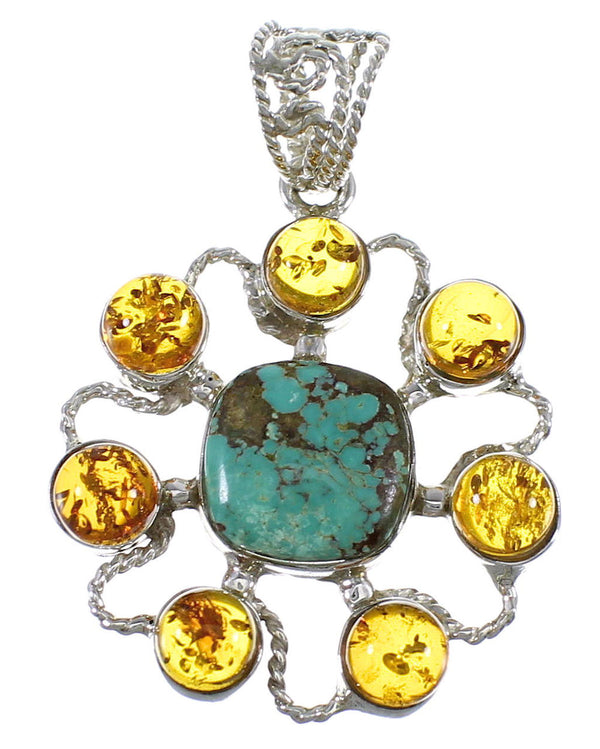 Silver Southwest #8 Turquoise And Amber Pendant QX74145