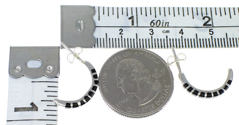 Southwest Silver Jet Inlay Post Hoop Earrings QX75440