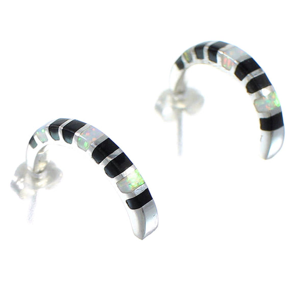 Southwest Silver Jet And Opal Inlay Post Hoop Earrings QX75445
