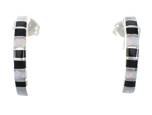 Southwest Silver Jet And Opal Inlay Post Hoop Earrings QX75445