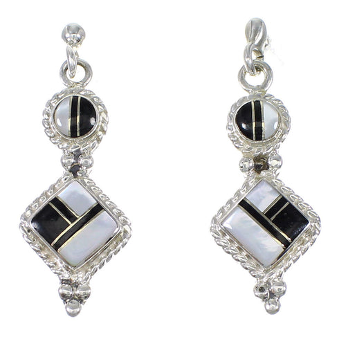 Southwestern Sterling Silver Jet And Mother Of Pearl Post Dangle Earrings QX75467