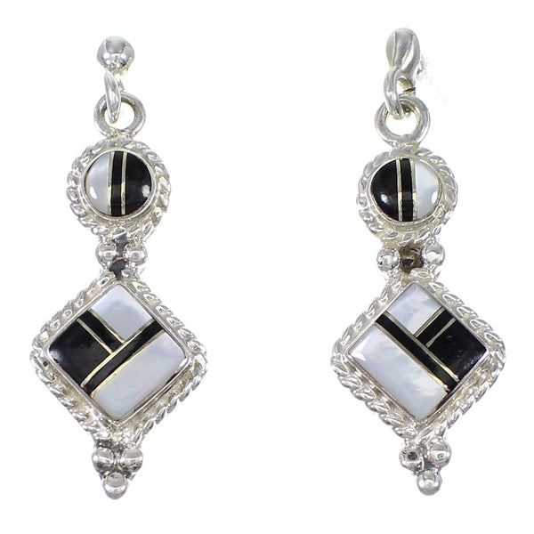 Southwestern Sterling Silver Jet And Mother Of Pearl Post Dangle Earrings QX75467