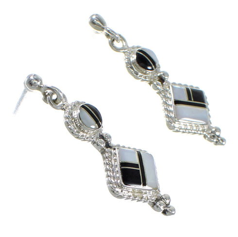 Southwestern Sterling Silver Jet And Mother Of Pearl Post Dangle Earrings QX75467
