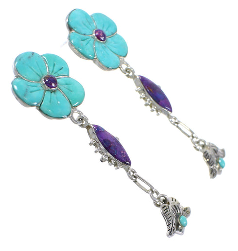 Southwestern Turquoise And Magenta Turquoise Flower Silver Post Dangle Earrings WX76308