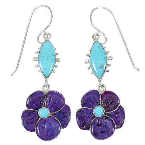 Southwest Turquoise And Magenta Turquoise Flower Silver Hook Dangle Earrings WX76332