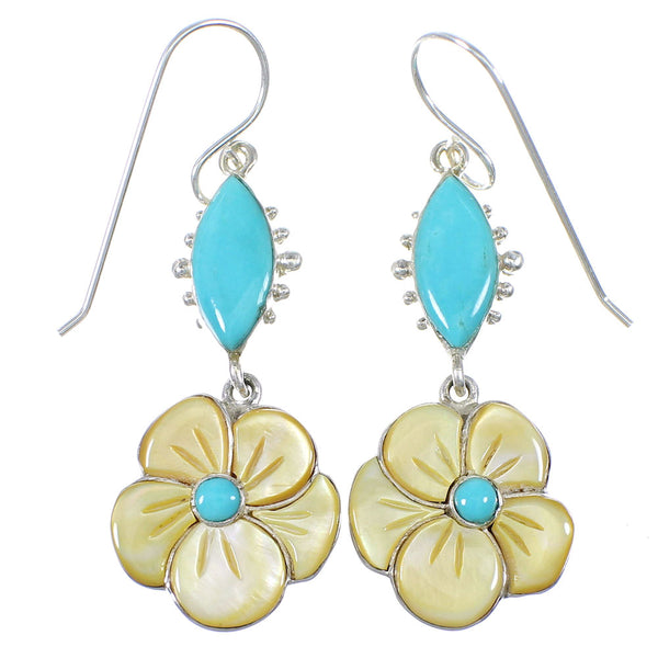 Southwestern Yellow Mother Of Pearl And Turquoise Flower Silver Hook Dangle Earrings WX76380