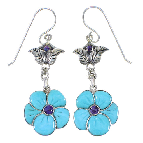 Silver Turquoise And Magenta Turquoise Flower Southwestern Hook Dangle Earrings WX76388