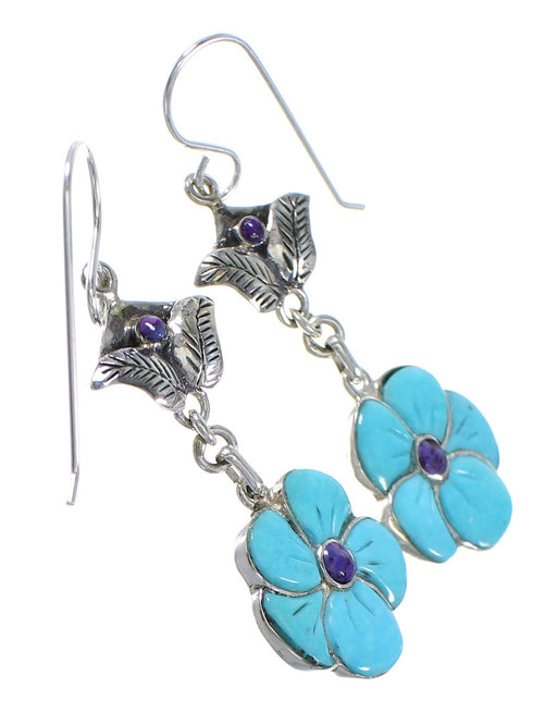 Silver Turquoise And Magenta Turquoise Flower Southwestern Hook Dangle Earrings WX76388