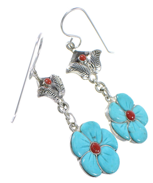 Sterling Silver Turquoise And Coral Flower Southwest Hook Dangle Earrings WX76391