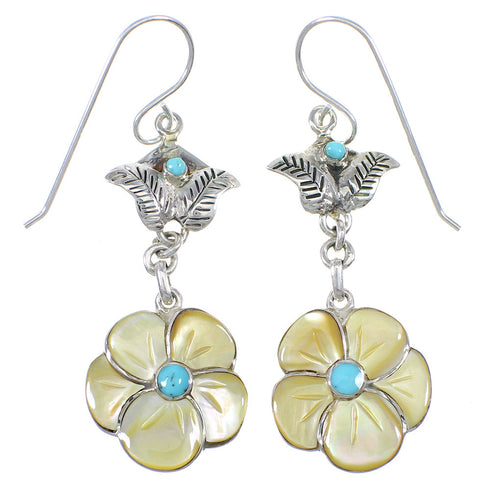 Southwest Sterling Silver Turquoise And Yellow Mother Of Pearl Flower Hook Dangle Earrings WX76399