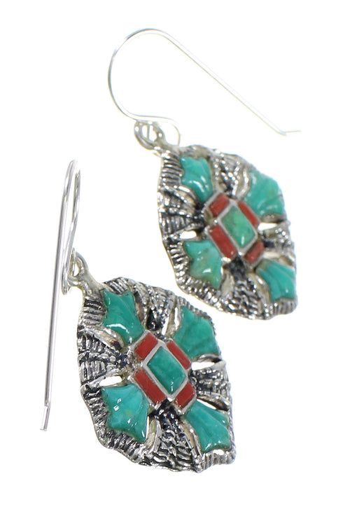 Turquoise And Coral Sterling Silver Southwestern Hook Dangle Earrings WX76414