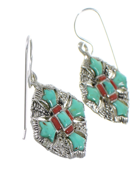 Coral And Turquoise Sterling Silver Southwest Hook Dangle Earrings WX76567