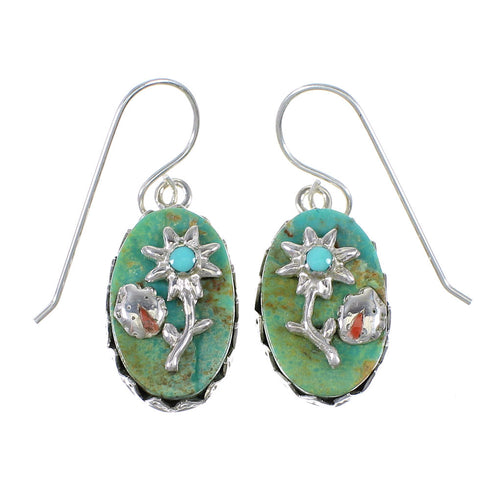 Southwest Turquoise Coral Sterling Silver Flower And Lady Bug Hook Dangle Earrings WX76568