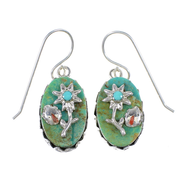 Southwest Turquoise Coral Sterling Silver Flower And Lady Bug Hook Dangle Earrings WX76568