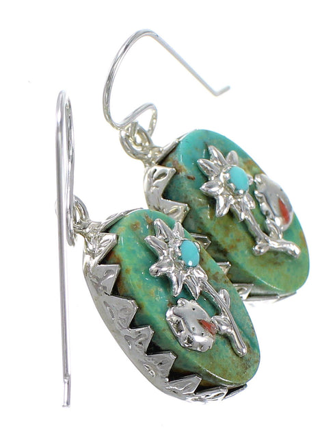 Southwest Turquoise Coral Sterling Silver Flower And Lady Bug Hook Dangle Earrings WX76568