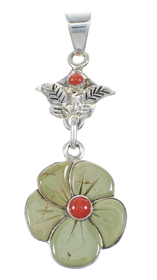 Turquoise Coral Silver Southwest Flower Pendant YX75615
