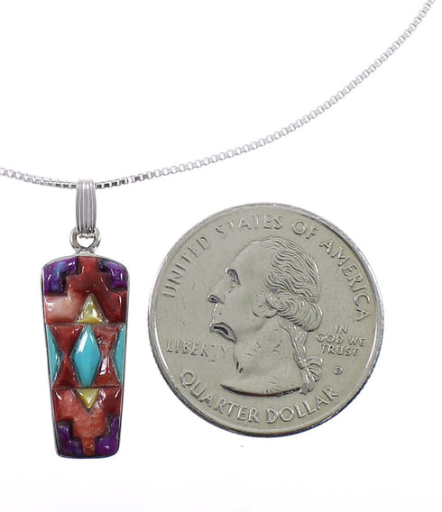 Southwest Multicolor Inlay Sterling Silver Pendant 16" Box Chain Necklace WX78182