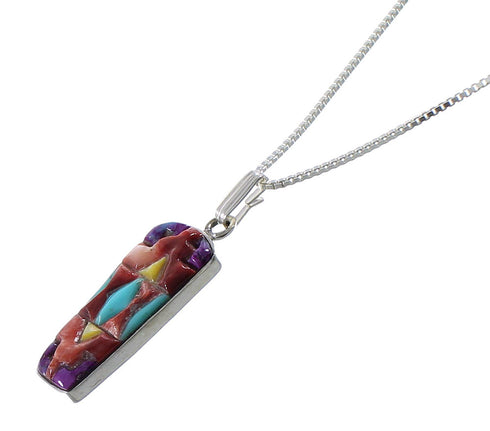Southwest Multicolor Inlay Sterling Silver Pendant 16" Box Chain Necklace WX78182