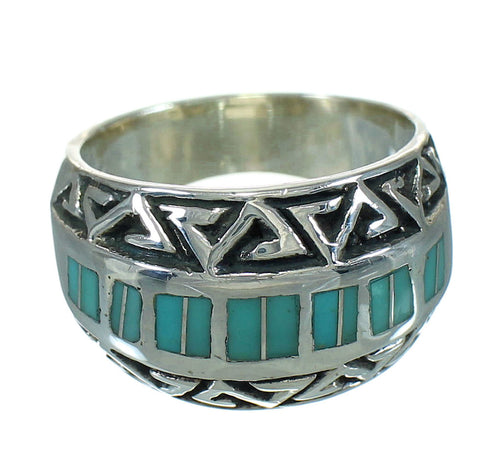 Sterling Silver And Turquoise Inlay Water Wave Ring Size 7-1/4 RX86419