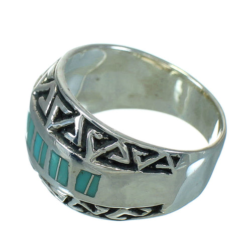 Sterling Silver And Turquoise Inlay Water Wave Ring Size 7-1/4 RX86419