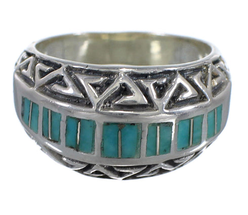 Turquoise Inlay Genuine Sterling Silver Southwestern Water Wave Ring Size 7-3/4 AX83678
