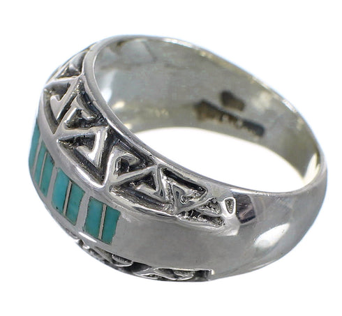 Turquoise Inlay Genuine Sterling Silver Southwestern Water Wave Ring Size 7-3/4 AX83678