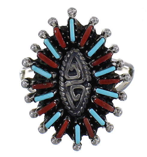 Southwestern Coral And Turquoise Silver Water Wave Ring Size 5-1/2 AX88961