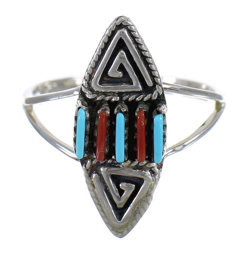 Southwest Turquoise And Coral Silver Water Wave Ring Size 8 AX88972