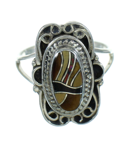 Genuine Sterling Silver And Multicolor Inlay Ring Size 6-1/2 UX83920