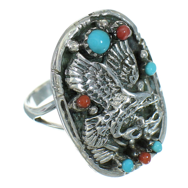 Turquoise Coral Eagle Genuine Sterling Silver Ring Size 4-3/4 RX84398