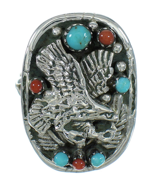 Authentic Sterling Silver Turquoise And Coral Eagle Ring Size 7 RX84829