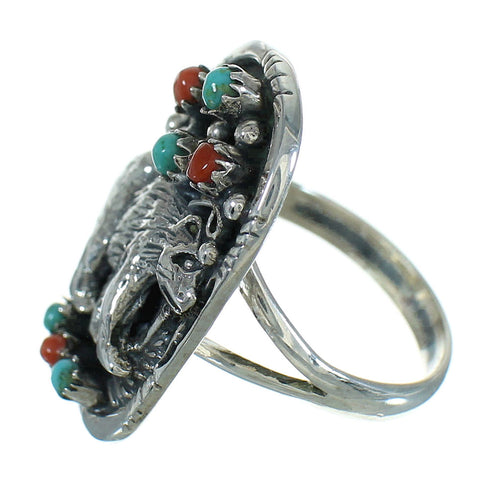 Turquoise Coral Sterling Silver Southwest Bear Ring Size 5 RX84876