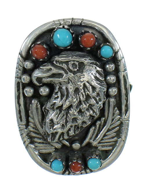 Southwest Sterling Silver Eagle Turquoise Coral Ring Size 6-1/4 RX84893
