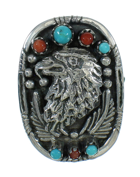Sterling Silver Turquoise Coral Eagle Ring Size 7 RX84903