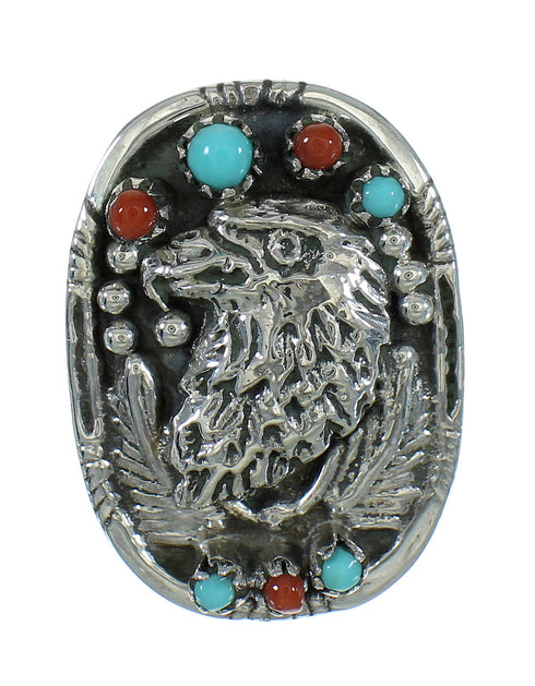 Genuine Sterling Silver Turquoise Coral Southwest Eagle Ring Size 5-1/4 RX84907